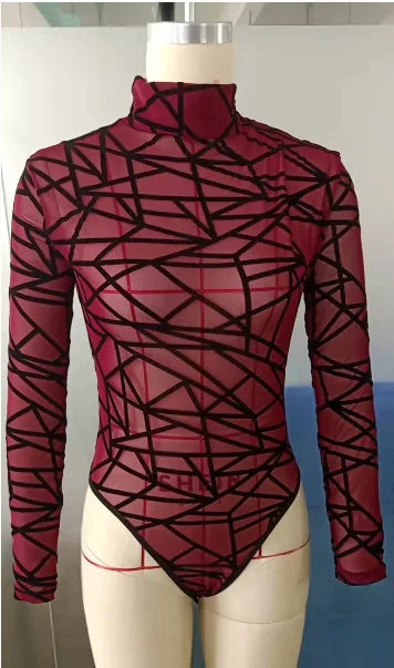 Body transparente en maille à manches longues pour femmes