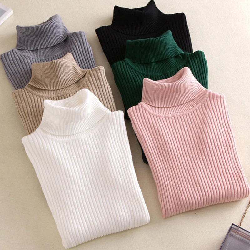 Pull col roulé uni en maille pour femmes