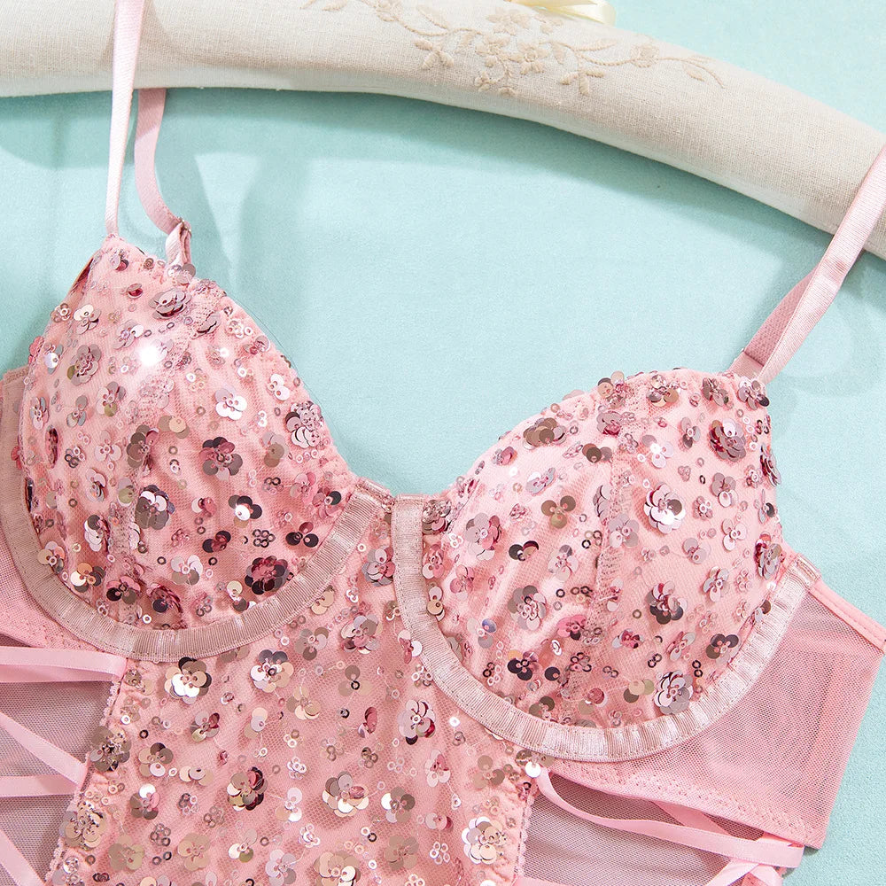 Body rose paillettes moulant pour femmes