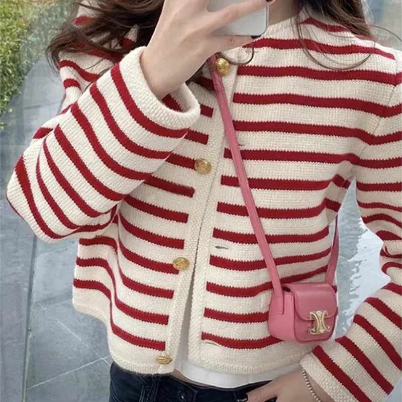 Cardigan en tricot rayé contrastant pour femmes