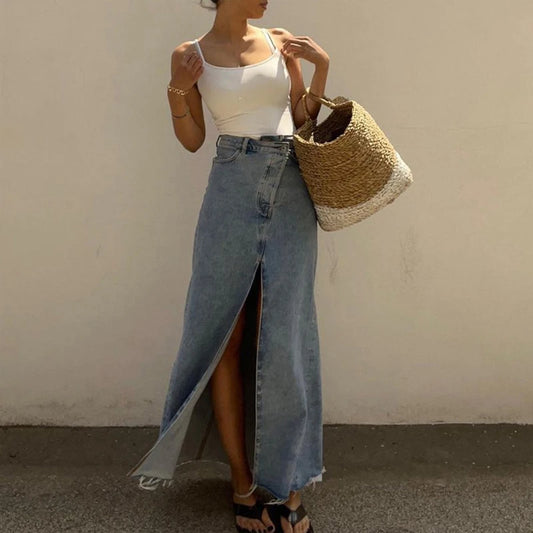 Jupe longue femme en jean vintage à boutons