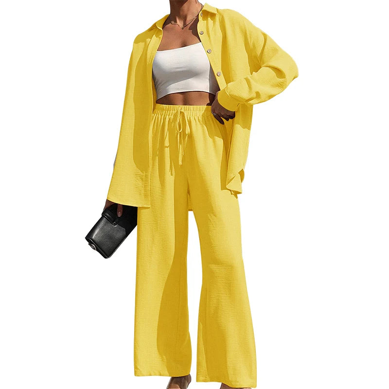 Ensemble deux pièces chemise boutonnée unie et pantalon large à nouer sur le devant pour femmes