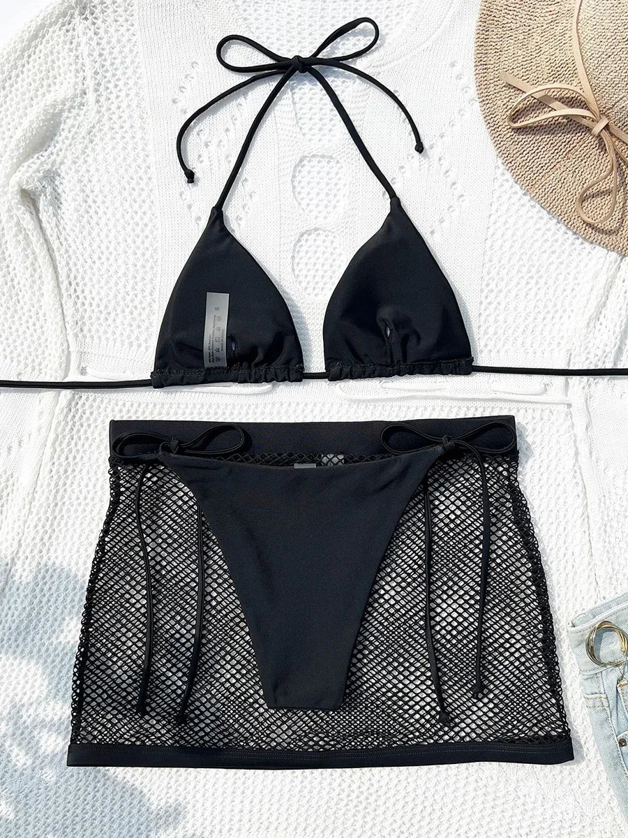 Maillots de bain trois pièces avec damant brillant résille jupe micro pour femmes