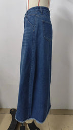 Jupe longue en jean vintage à poches amples et ourlet brut pour femmes