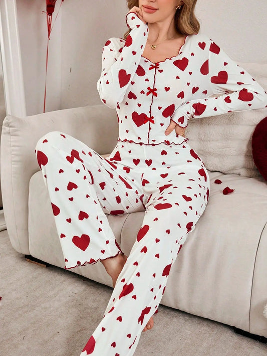 Pyjama à Cœurs Femme – Haut Manches Longues et Pantalon