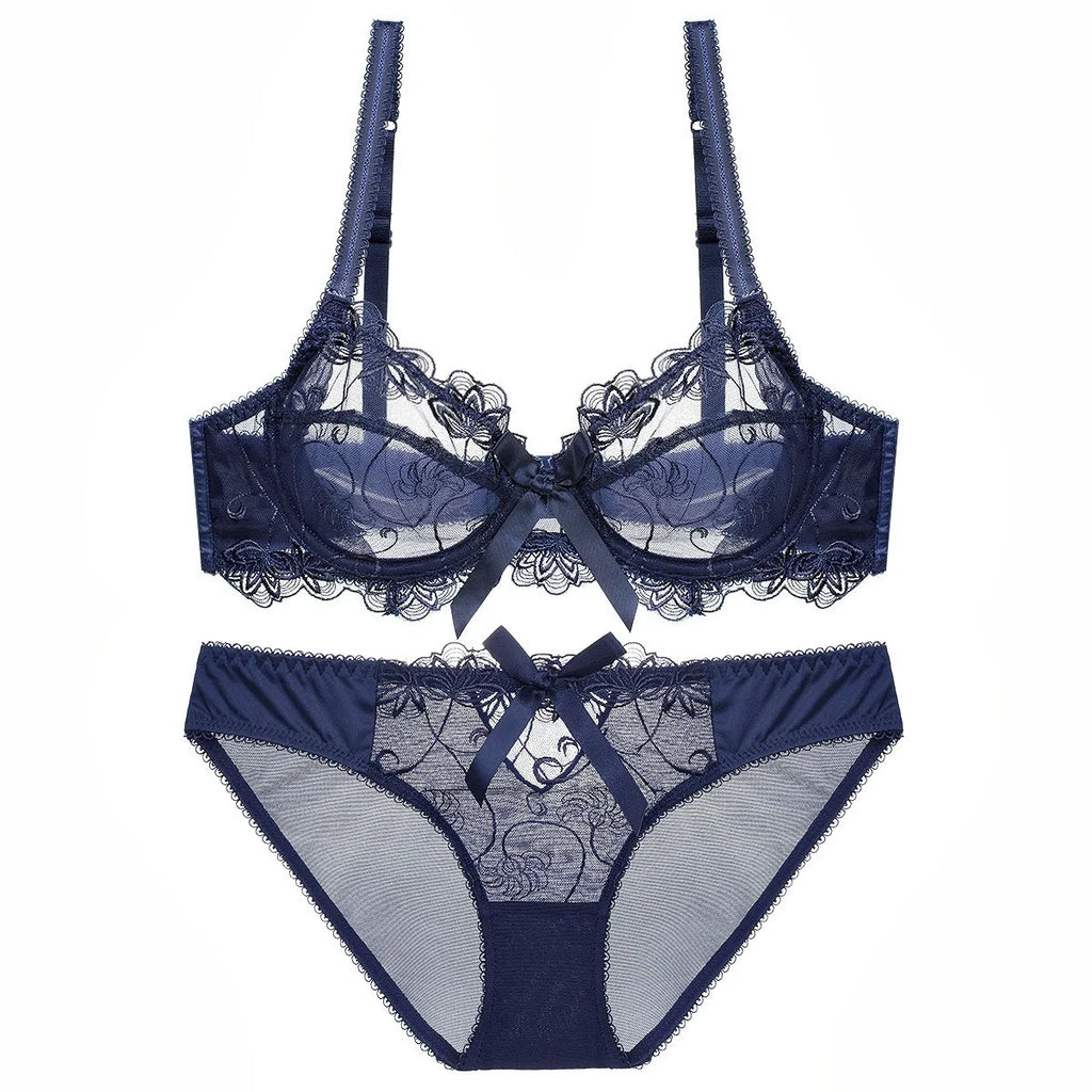 Ensemble de soutien-gorge transparent en dentelle avec nœud ultra-fin et culotte pour femmes