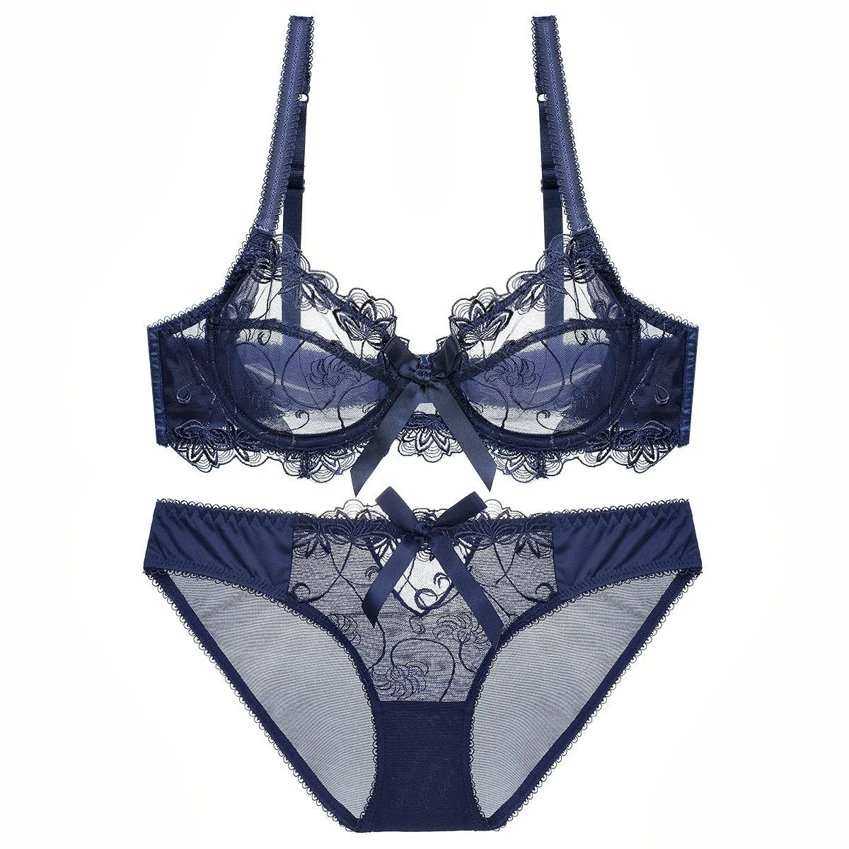 Ensemble de soutien-gorge transparent en dentelle avec nœud ultra-fin et culotte pour femmes