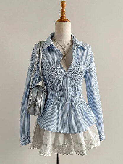 Chemisier Rayé Femme – Taille Froncée et Col Élégant