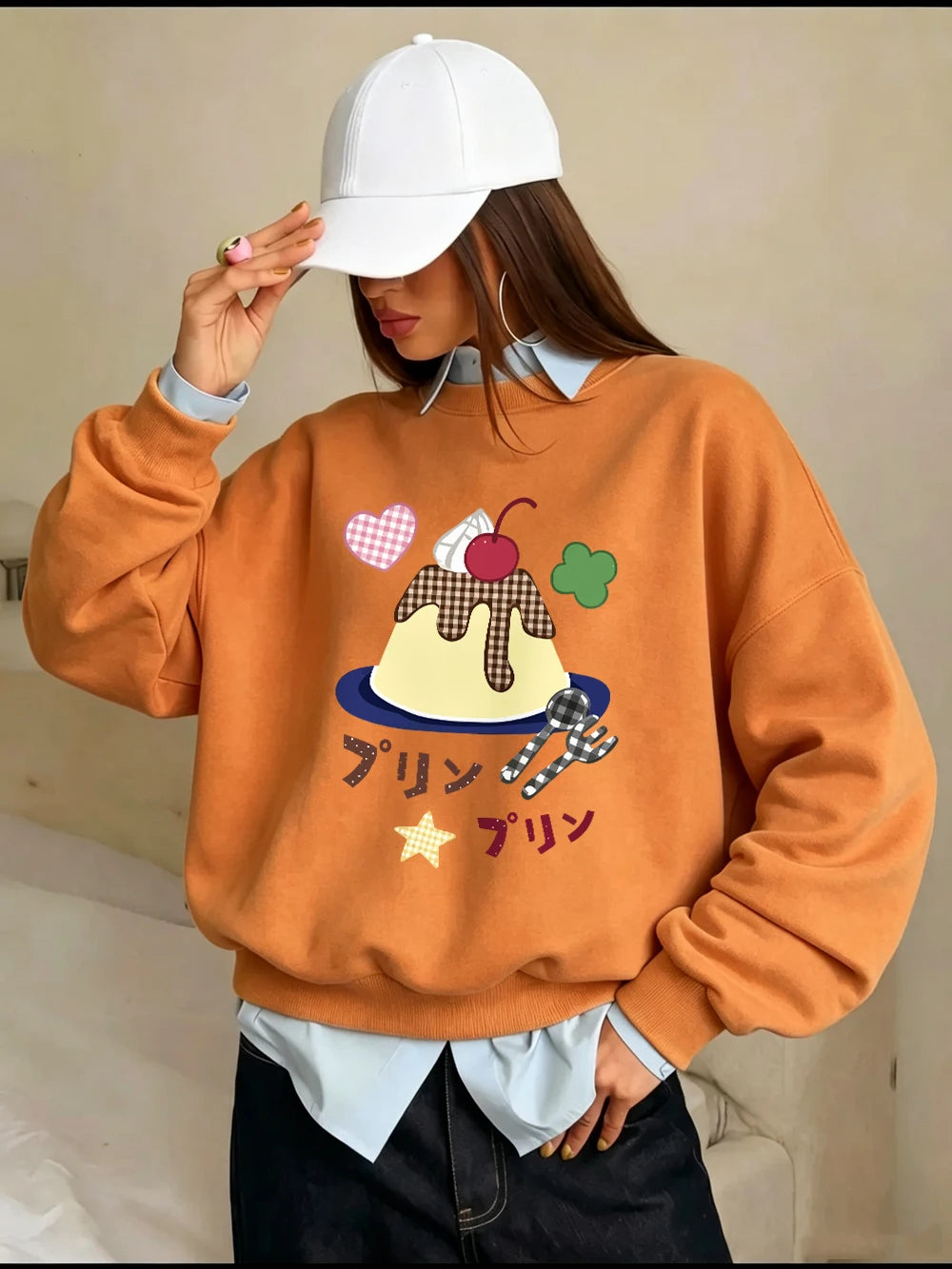 Sweat-shirts à imprimés japonais Caramel Pudding pour femmes