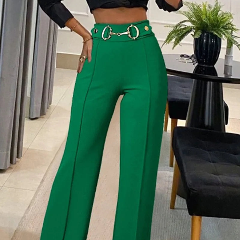 Pantalon taille haute  couleur unie, avec embellissements et boucles métalliques pour femmes