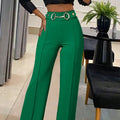 Pantalon taille haute  couleur unie, avec embellissements et boucles métalliques pour femmes