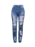 Jeans déchirés à imprimé lettre pour femmes