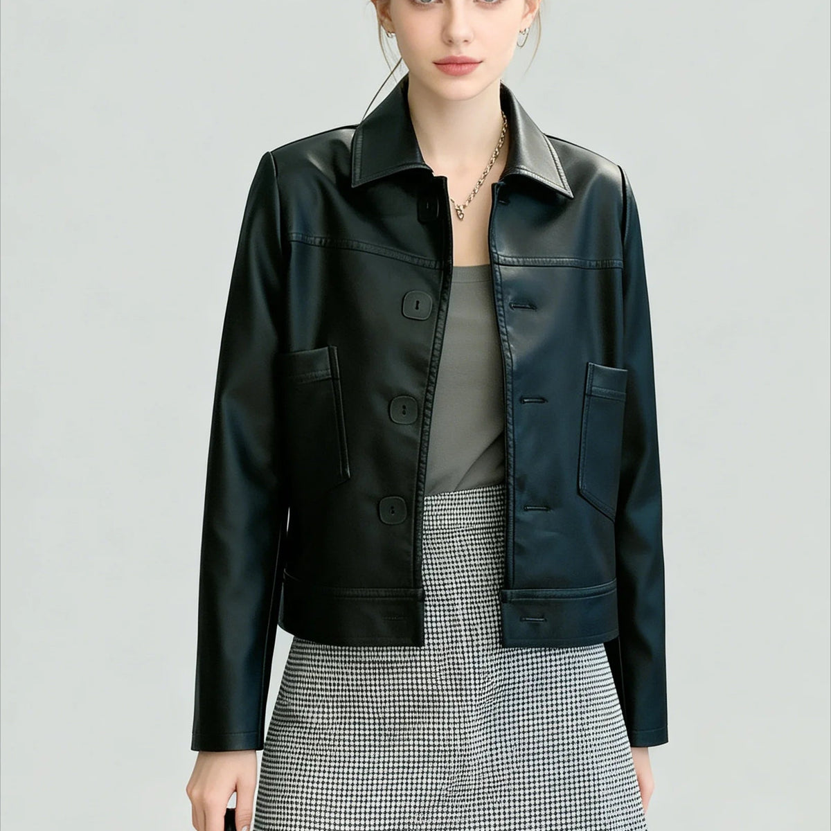 Veste courte femme en simili cuir style coréen