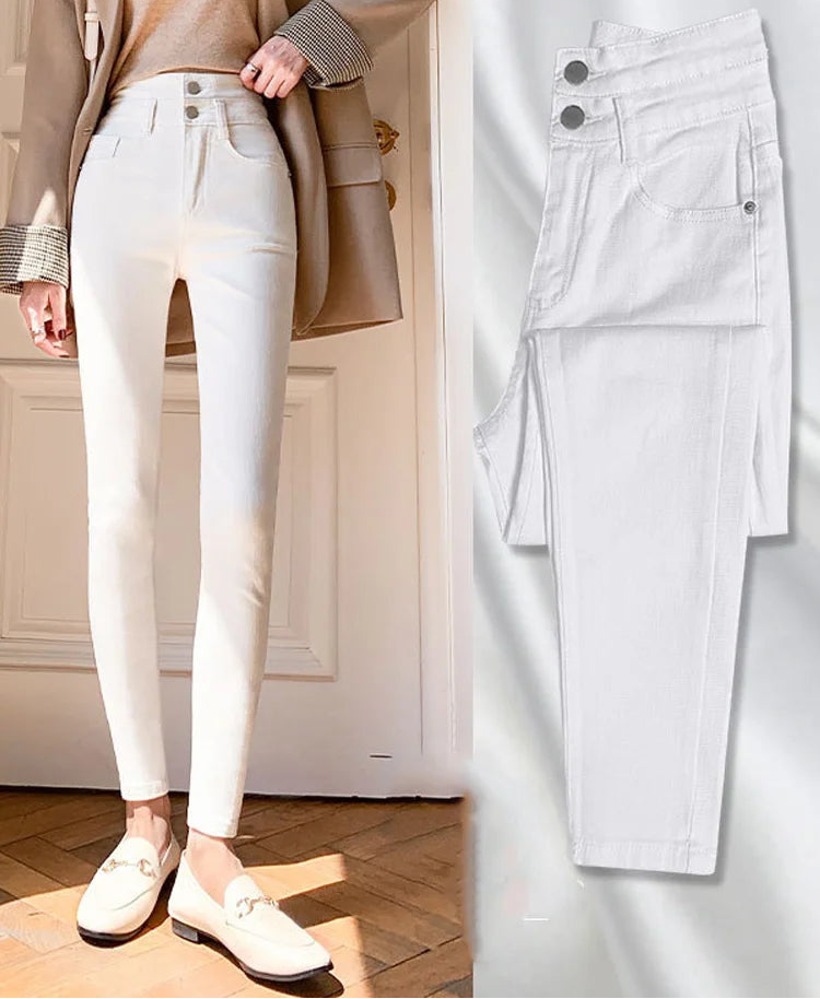 Jean slim taille haute à trois lèvent pour femmes
