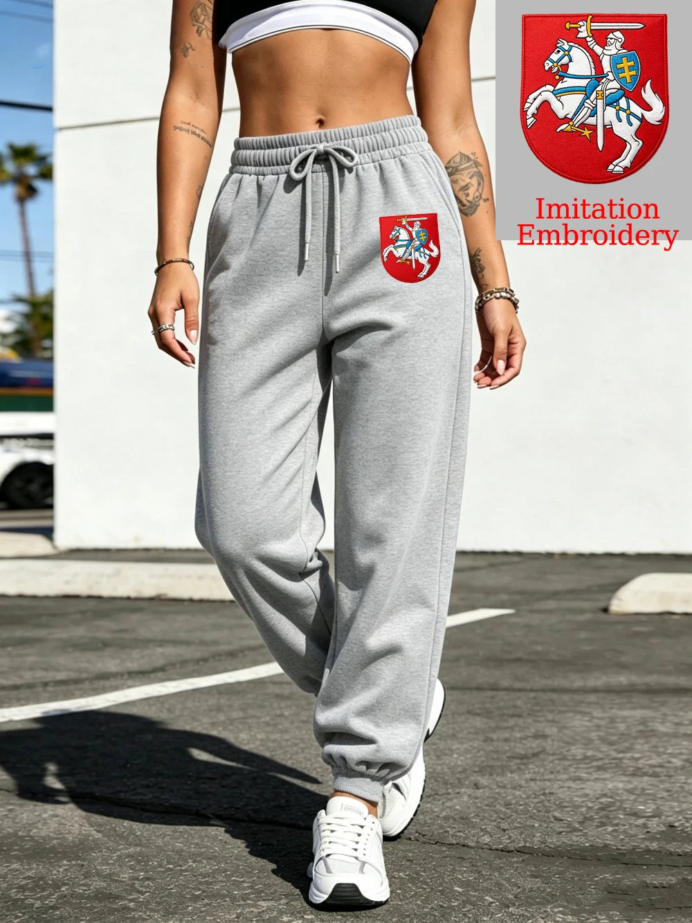Pantalon de jogging basique à poches imprimé de l'emblème de la Lituanie pour femmes