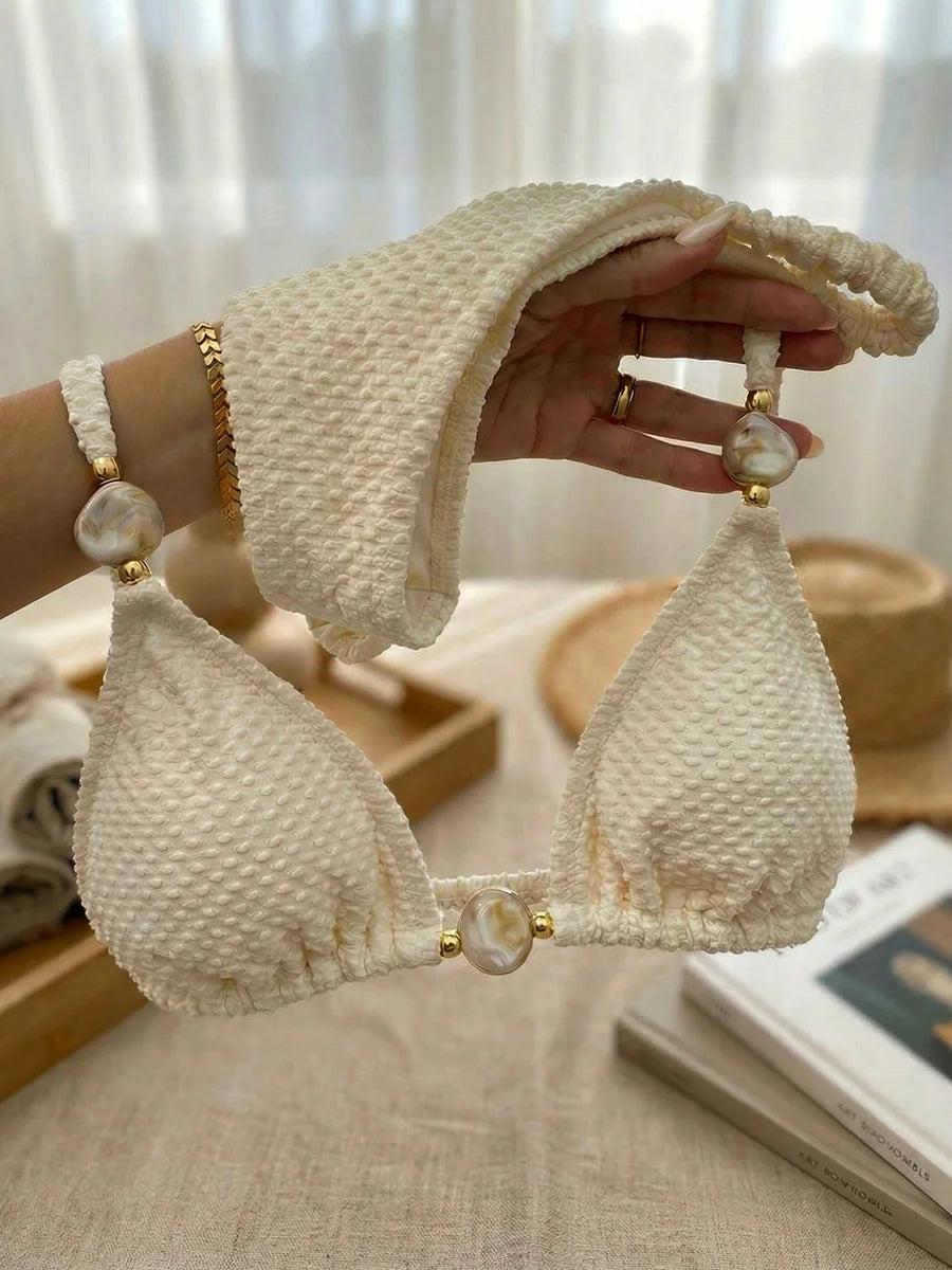 Maillot de bain deux pièces bikini froissé à perles, style brésilien, pour femmes