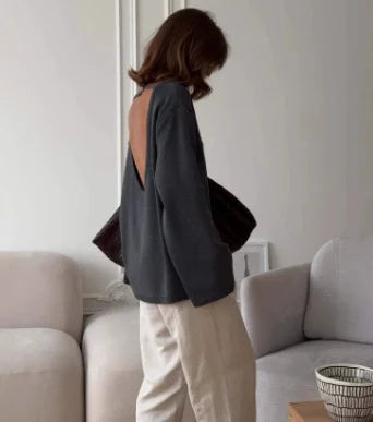 Pull original dos nu à col rond en maille de coton pour femmes