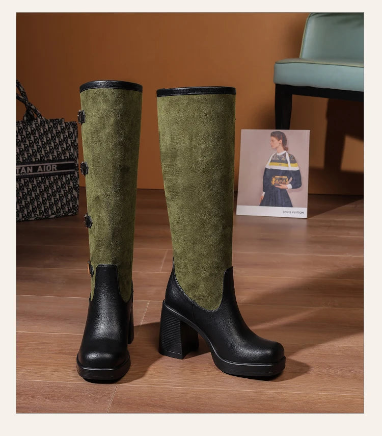 Bottes mi-mollet en PU givré avec boucle de ceinture à cinq rangées et talon ultra-haut pour femmes
