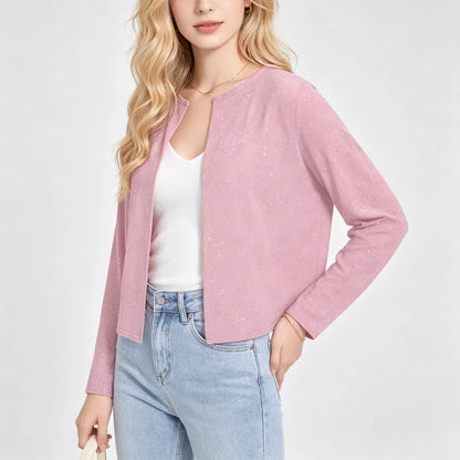 Cardigan Court Scintillant Femme – Col Rond et Manches Longues