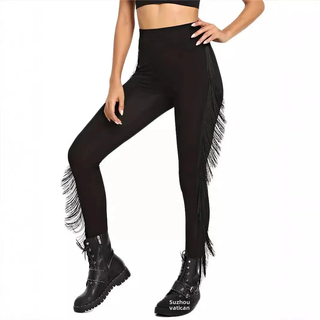 Leggings noirs à franges décoratives pour femmes