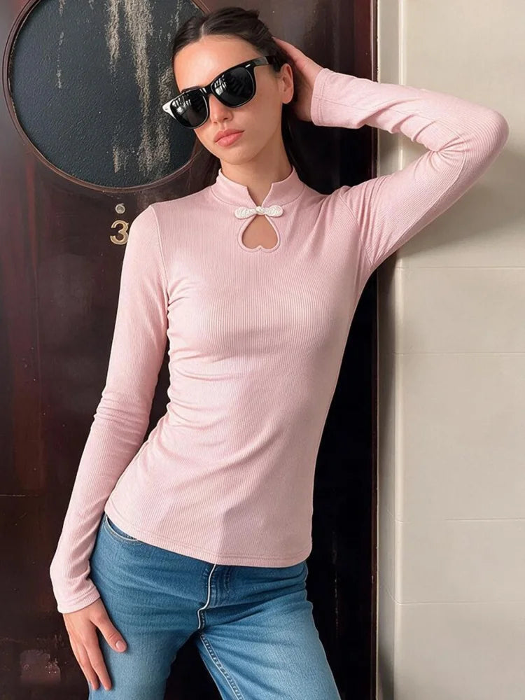 T-shirt Femme Côtelé à Col Mao et Manches Longues