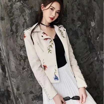 Veste Similicuir Femme – Broderies Florales et Rivets