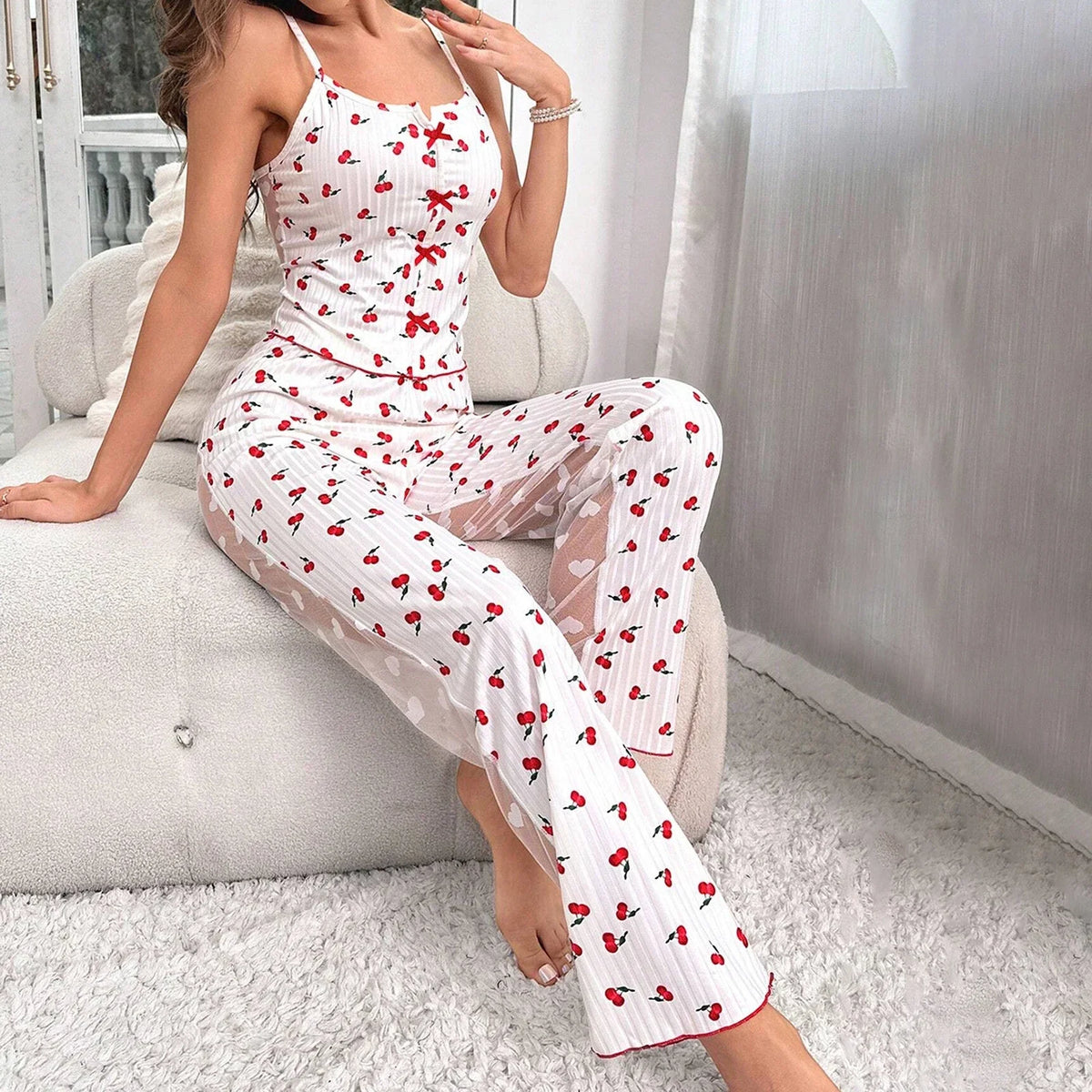 Pyjama Femme à Cerises – Caraco Transparent et Pantalon