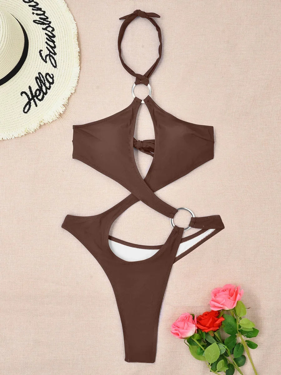Maillots de bain une pièce ventre découpé licou pour femmes