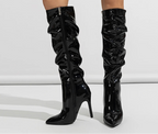 Bottes hautes en cuir verni plissé pour femmes