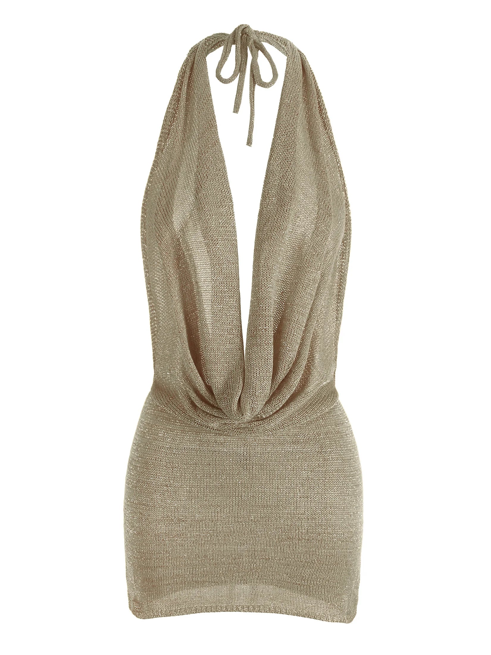 Robe mini sexy en maille à col en V profond, dos nu, en soie brillante pour femmes