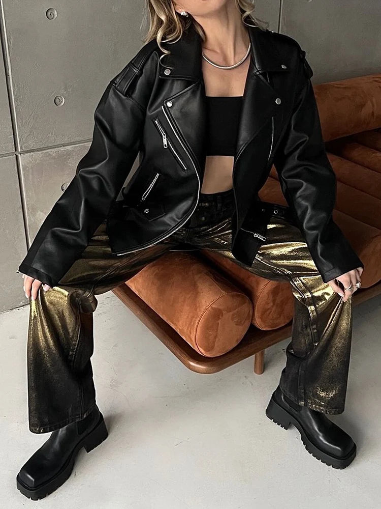 Veste lâche noir en pu faux cuir pour femmes