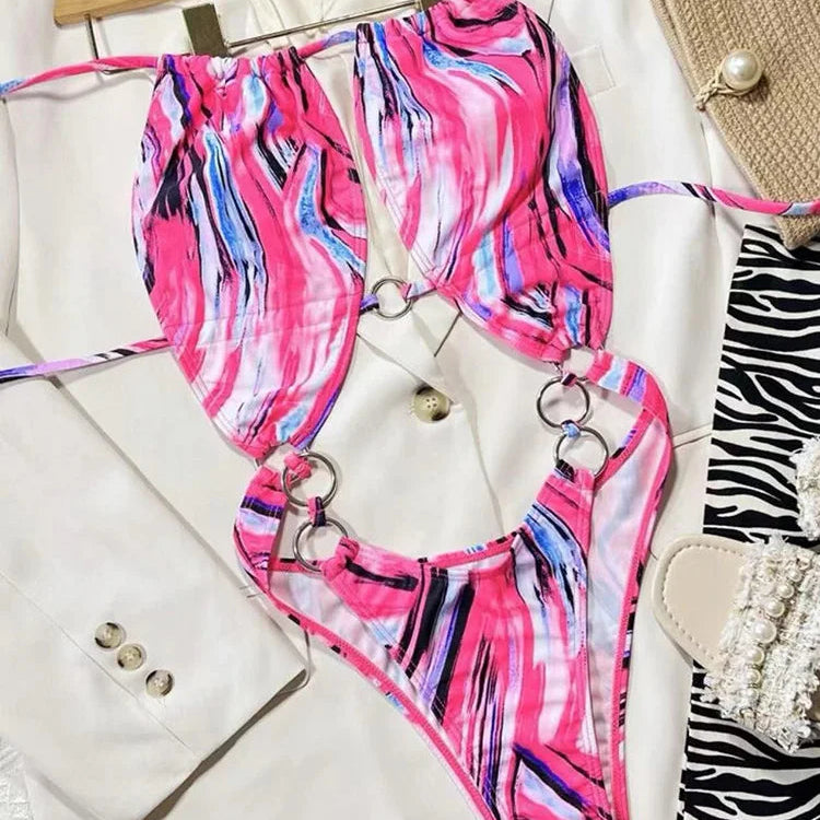 Maillot de bain une pièce avec anneaux en métal pour femmes
