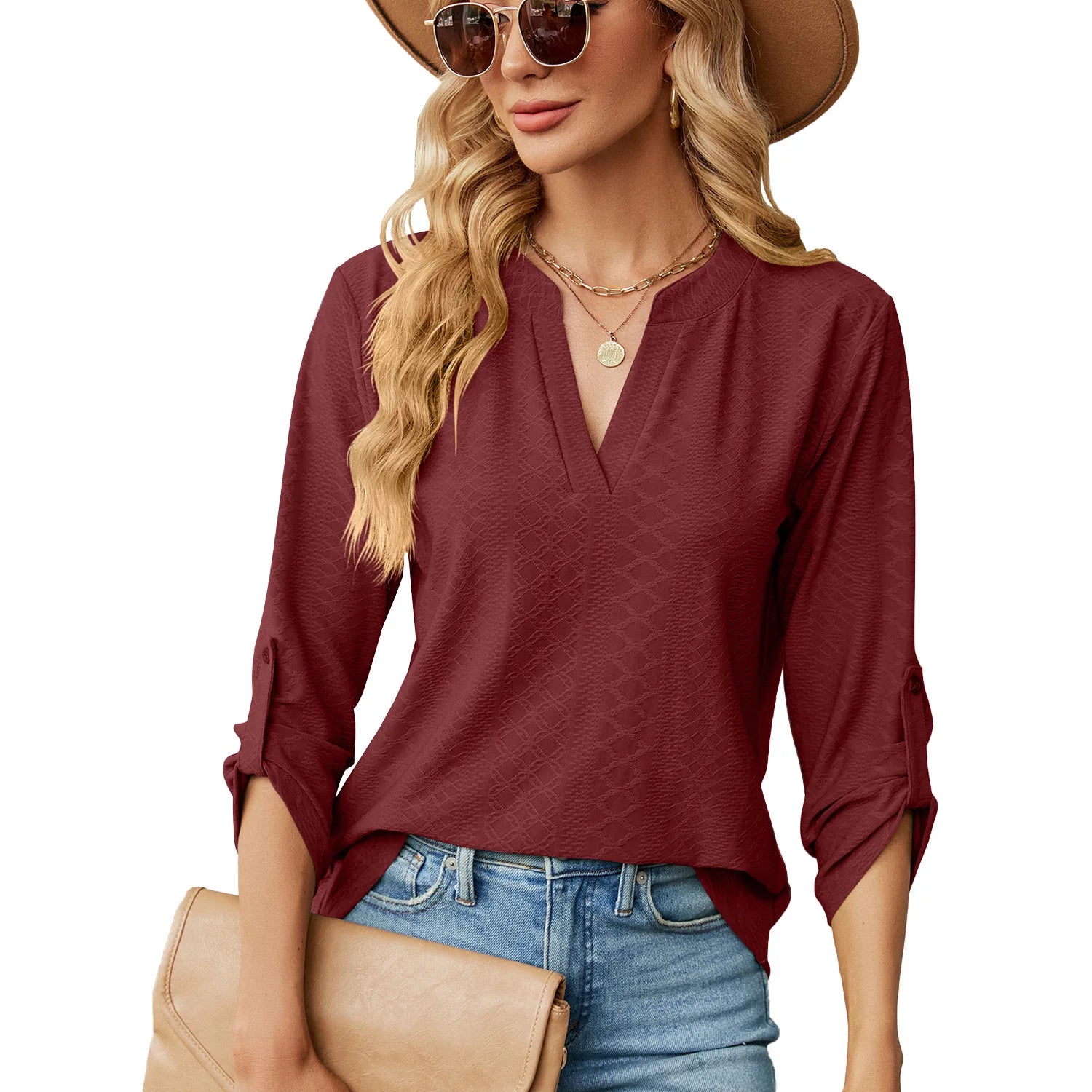 T-shirt à col en V et manches longues côtelées pour femmes
