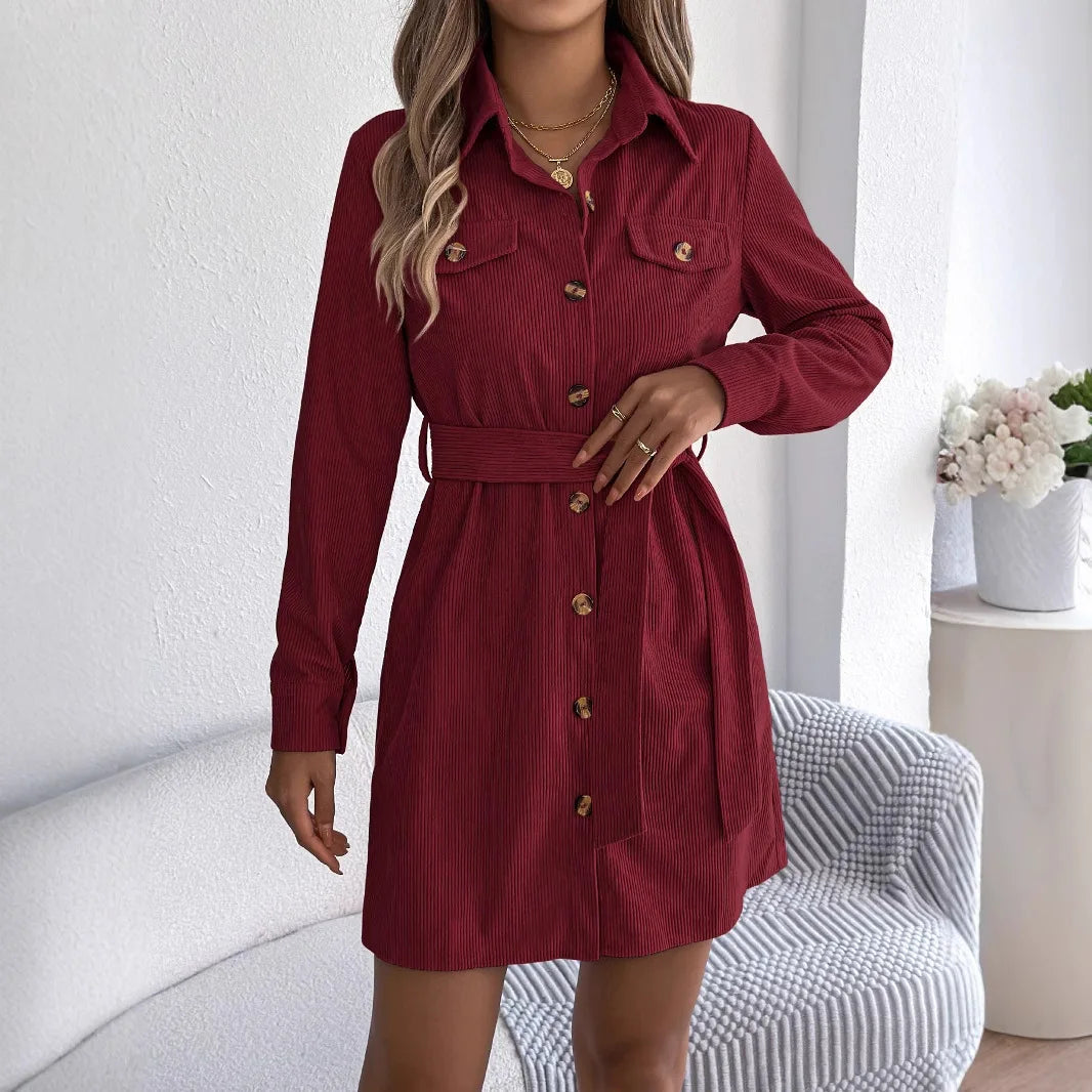 Robe chemise décontractée unie à manches longues et bouton unique en velours pour femmes