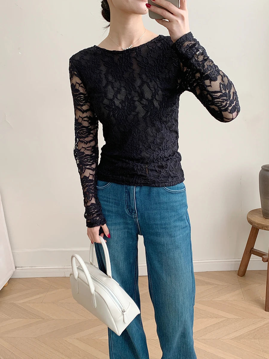 T-shirt en dentelle à manches longues pour femmes