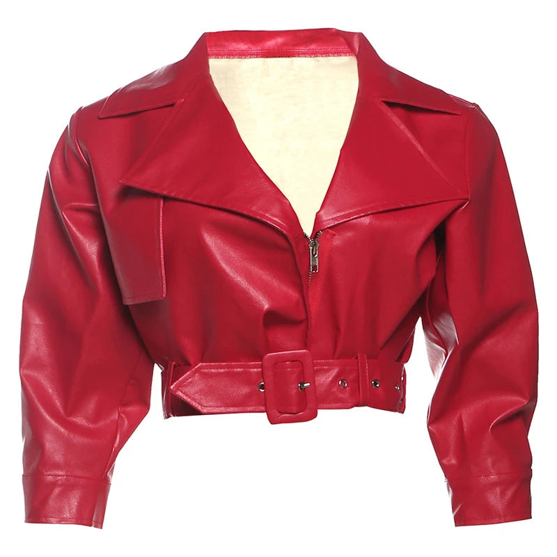 Veste courte zippée à manches longues en PU avec ceinture pour femmes