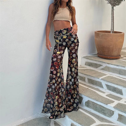 Pantalon femme taille haute imprimé transparent style bohème