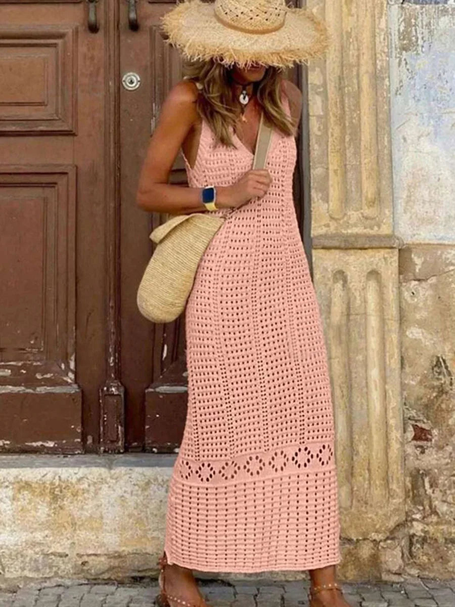 Robe Longue de Plage Femme – Col V et Maille Ajourée