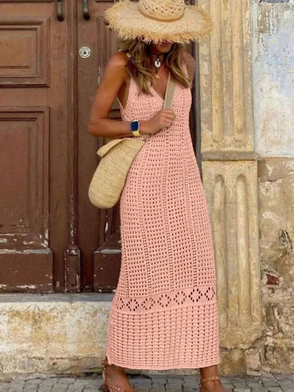 Robe Longue de Plage Femme – Col V et Maille Ajourée