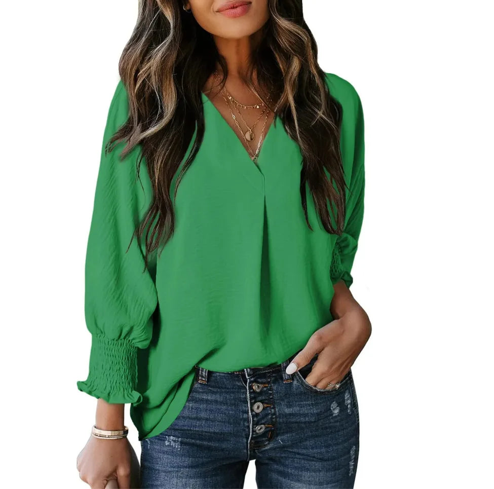 Chemise à col en V et manches longues lanterne pour femmes