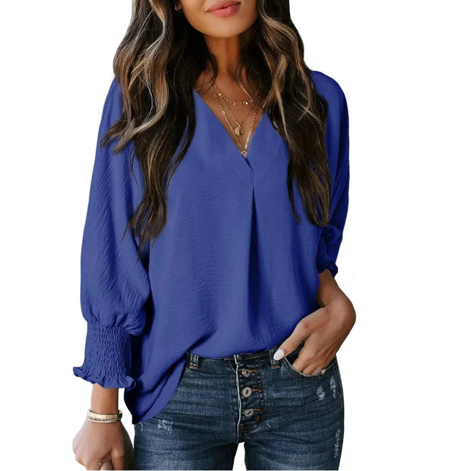 Chemise à col en V et manches longues lanterne pour femmes