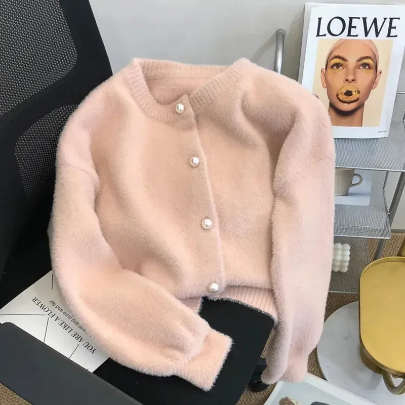 Pull cardigan en velours de vison à boutonnage simple pour femmes