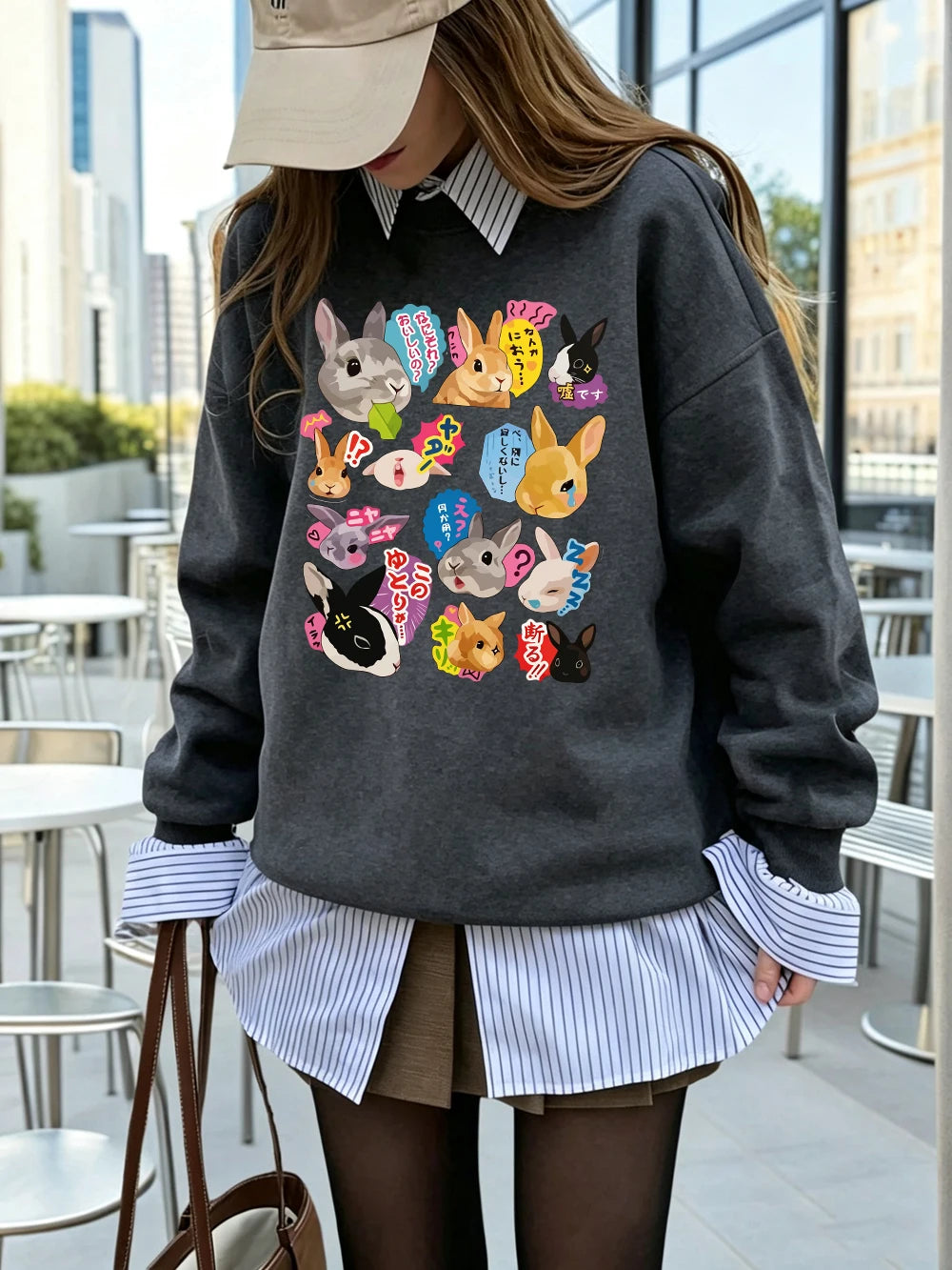 Sweat-shirts à imprimés lapins japonais pour femmes