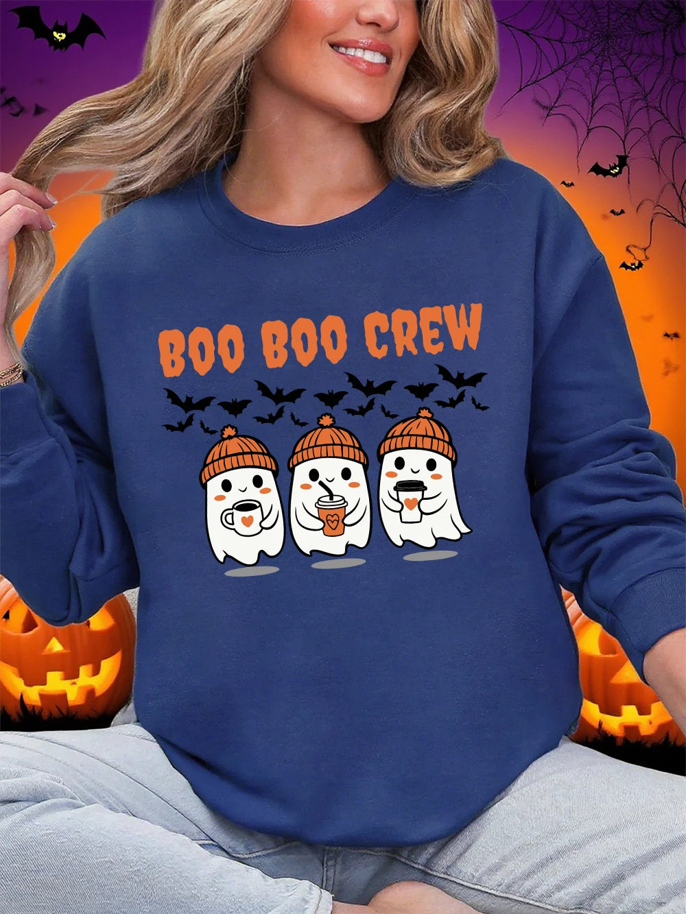 Sweat-shirt d'Halloween Boo Boo Crew à imprimé fantôme pour femmes