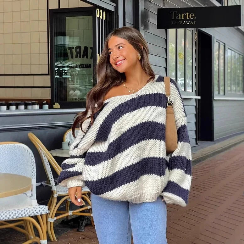 Pull en maille ample décontracté à rayures asymétriques pour femmes