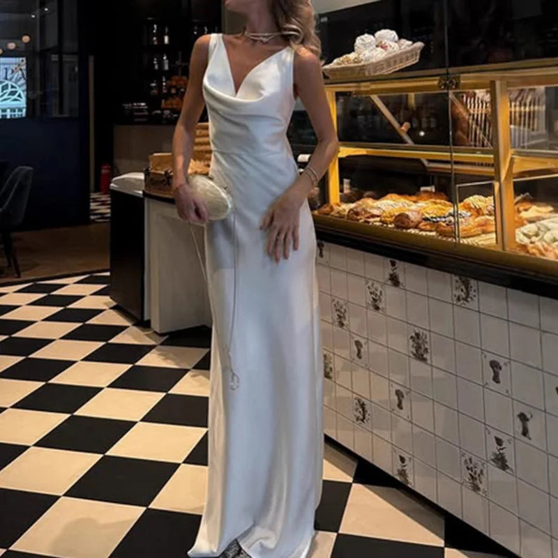 Robe de soirée femme longue moulante à col évasé