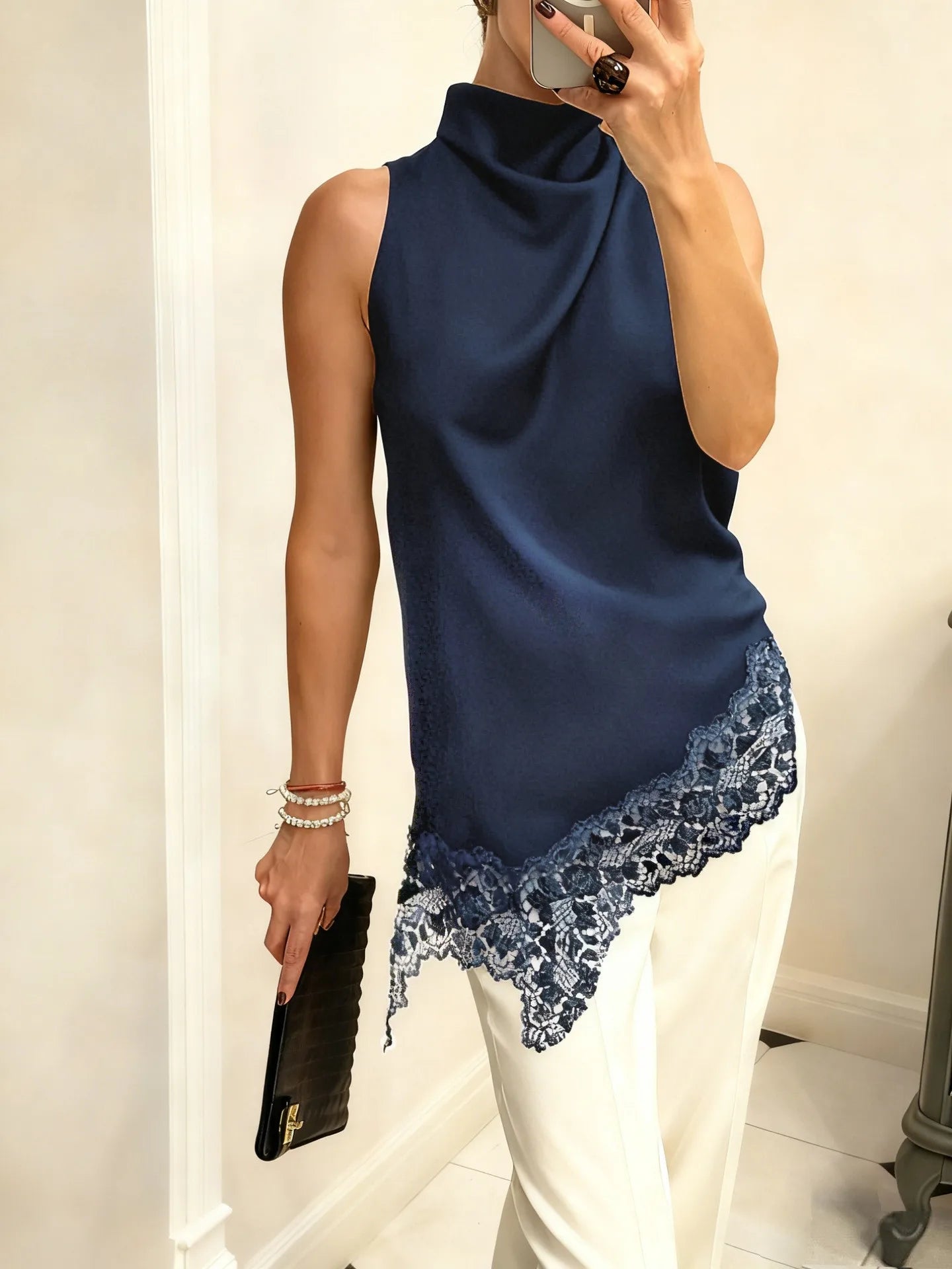 Gilet en soie asymétrique sexy avec empiècements en dentelle pour femmes