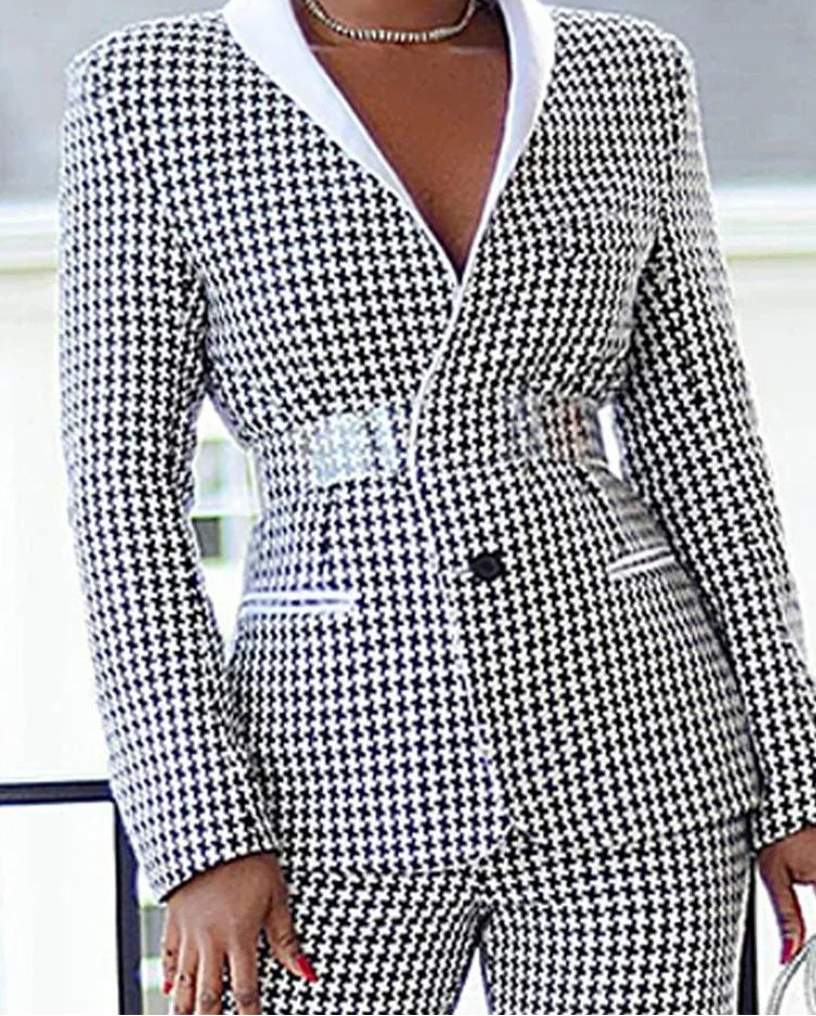Ensemble deux pièces blazer et pantalon pied-de-poule élégant pour femmes