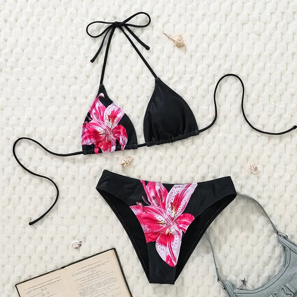 Maillot de bain deux pièces brésilien imprimé à pois noirs et blancs pour femmes