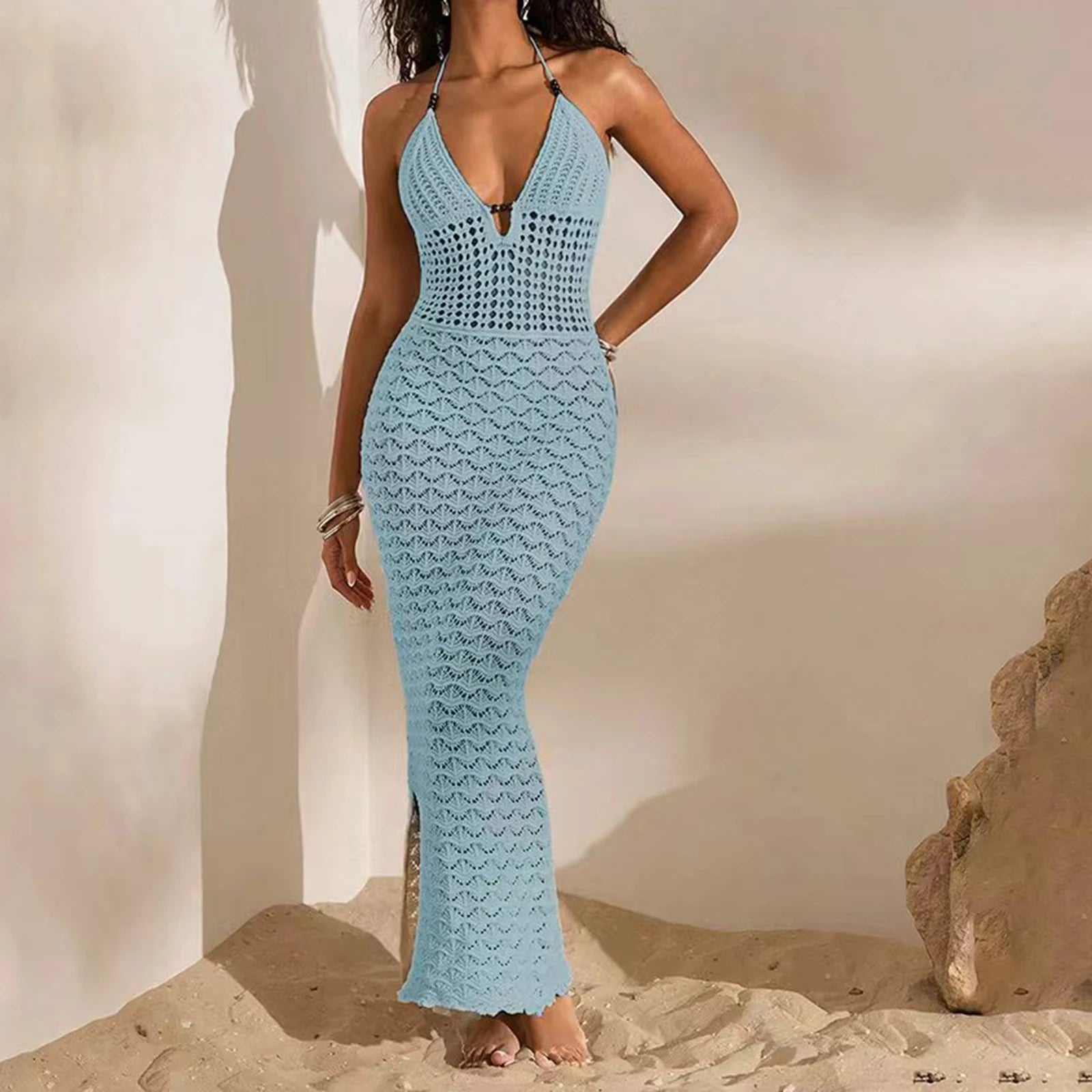 Robe longue moulante en crochet ajouré sans manches à col halter pour femmes